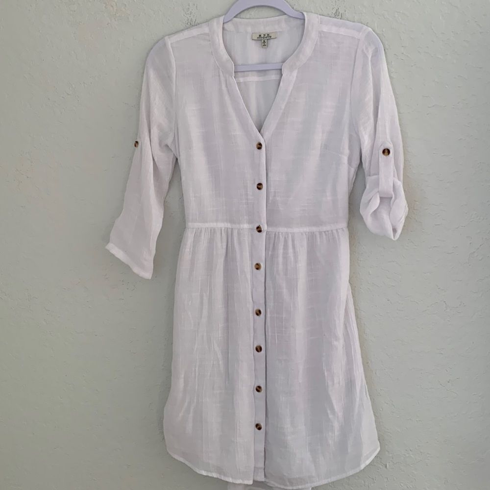 MPH Dress White V- neck Button Down Closure Size S